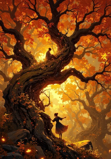 Masterpiece, best quality, ultra-detailed, 8K. A close-up view of the intricate branches of an ancient tree, glowing with fiery amber and golden leaves. The leaves seem to pulse with magic, their edges shimmering as if dusted with molten light. Countless glowing motes of golden energy drift through the air, swirling like enchanted fireflies. The branches twist elegantly, their bark etched with faint, luminous runes that pulse softly. A warm, golden light filters through the dense foliage, casting sparkling reflections and ethereal shadows. The entire scene glows with an almost dreamlike radiance, filled with a sense of wonder and enchantment. Highly detailed, soft magical glows, fantasy dreamscape, cinematic lighting, rich autumnal hues, 8k resolution. DB4RZ, DB4RZ style painting, Anime art