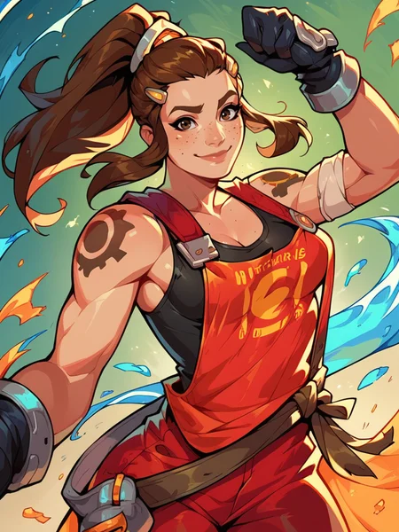 score_9, score_8_up, score_7_up, 1girl, dynamic pose, cowboy shot, looking at viewer, sexy pose, sexually suggestive, light smile, dutch angle, mechanics workshop, from side,
 <lora:ABriggite_character:0.8>, BriggiteXL, brown eyes, brown hair, ponytail, hair pulled back, freckles, hairclip, sidelocks,, shoulder tattoo, tank top, red overalls, black gloves, navel,,  <lora:2XKO_style-10:0.8>  2XKO,,