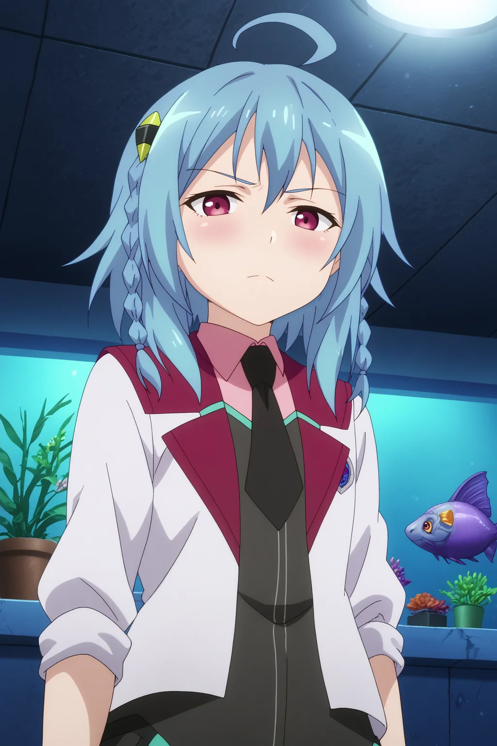  saya sasamiya,1girl,solo,school uniform,long hair,braid,ahoge,necktie,shirt,black necktie,twin_braids,hair ornament,jacket,looking at viewer,closed mouth,emotionless,handgun,from_below,from bottom,gun hand BREAK indoors,aquarium,ruanyi1155,aquarium  <lora:Saya_Sasamiya_-__Gakusen_Toshi_Asterisk.safetensors:0.8> <lora:detailed_backgrounds_v2.safetensors:0.5> <lora:1155 aquarium_v1_pony.safetensors:0.7>