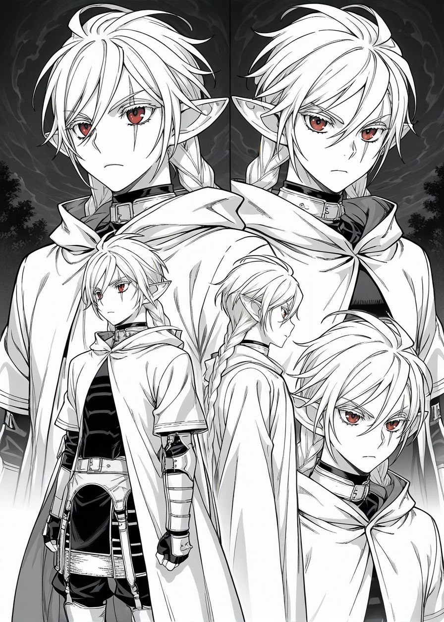 masterpiece, best quality, arms at sides, male focus, 1boy, male, gothic background, night, solo, (monochrome, concept art:1.2), multiple views, 
<lora:Koinzell:0.8>, Koinz0l, red eyes, platinum blonde hair, scar across eye, pointy ears, twin braid, platinum blonde eyelashes, cape, hooded cloak,