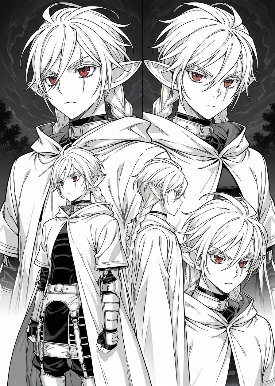 masterpiece, best quality, arms at sides, male focus, 1boy, male, gothic background, night, solo, (monochrome, concept art:1.2), multiple views,
<lora:Koinzell:0.8>, Koinz0l, red eyes, platinum blonde hair, scar across eye, pointy ears, twin braid, platinum blonde eyelashes, cape, hooded cloak,