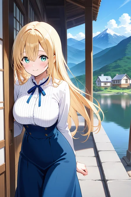 1girl, long hair, large breasts, looking at viewer, blush, smile, bangs, skirt, blonde hair, shirt, long sleeves, ribbon, hair between eyes, green eyes, white shirt, pinstripe shirt, solo focus, aqua eyes, (blue skirt), blue ribbon, (long skirt), house, outdoor, mountain, lake, standing, cowboy shot, high-waist skirt, <lora:Primula_Mallow_AOITS_ill:1> alone,