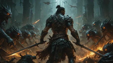 art by Antonio J Manzanedo. dark fantasy scene featuring a warrior seen from behind standing battle-ready with a drawn sword in hand at the center of the scene. He is surrounded by countless dark creatures with glowing eyes.
<lora:add-detail-xl:2> <lora:MJ52:0.5>