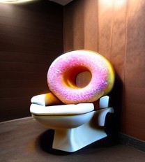 d0nu71f13d, a photorealistic image of a cat made of doughnuts sitting on a toilet made of doughnuts, cinematic lighting, absurdres, donuts, vibrant colours, 