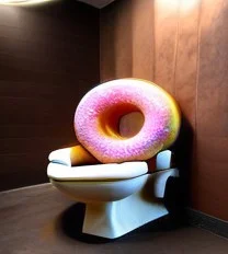 d0nu71f13d, a photorealistic image of a cat made of doughnuts sitting on a toilet made of doughnuts, cinematic lighting, absurdres, donuts, vibrant colours,