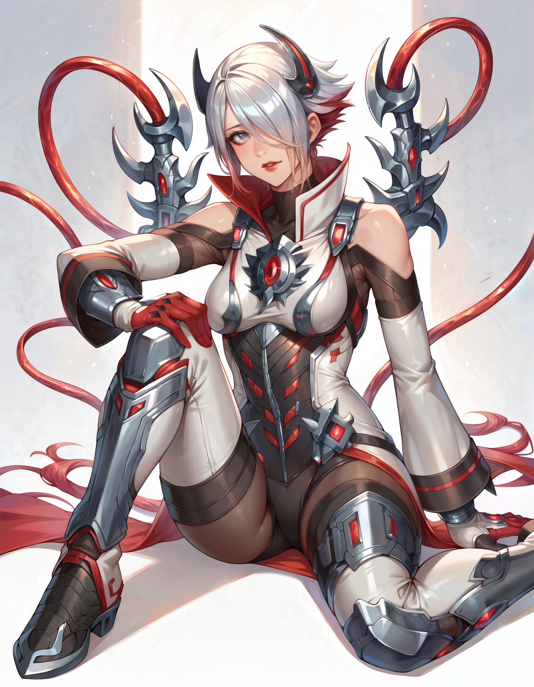 (Masterpiece:1.4), (best quality:1.2), score_9, score_8_up, score_7_up, score_6_up, 1girl, solo, ctl7tbldmn, grey gloves, red gloves, long detached sleeves, bodysuit, thigh boots, gradient hair, grey hair, multicolored hair, red hair, short hair, two-tone hair, breasts, pants, grey eyes, one eye covered, red lips, bare shoulders, sitting, 2d, full body     <lora:MyTrainings\Temp\Catalyst_Blood_Moon_XL_Pony.safetensors:0.7>