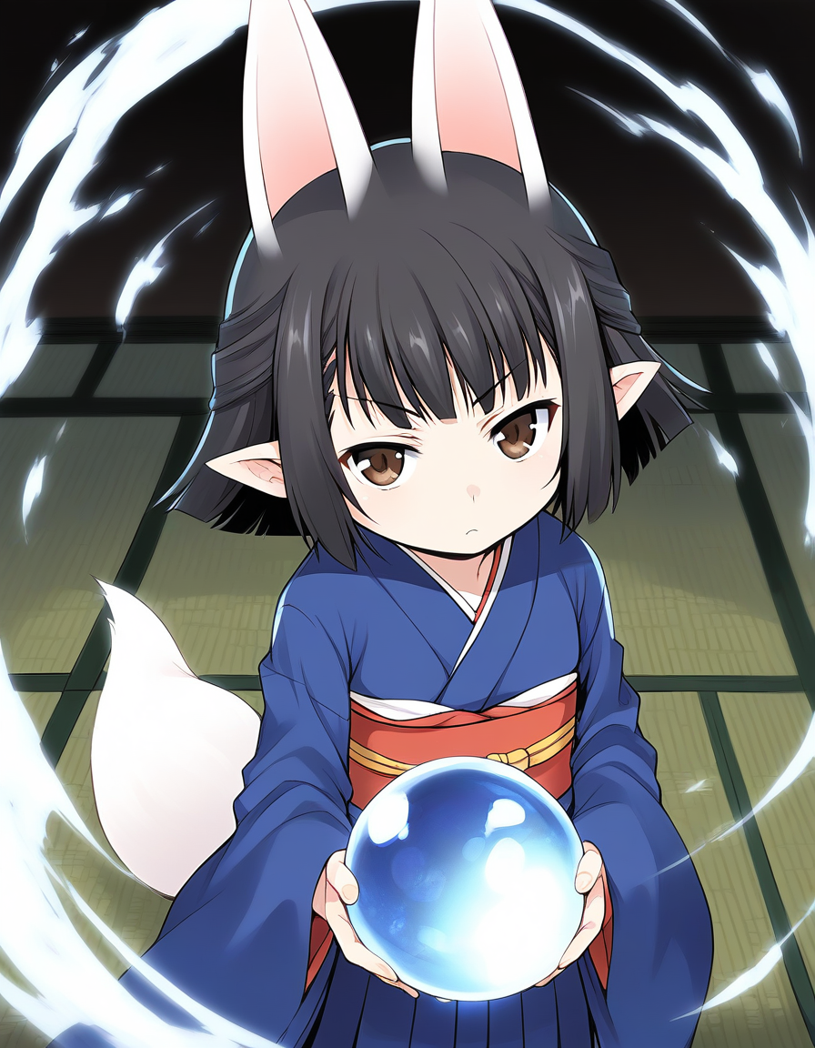 score_9, score_8_up, score_7_up, source_anime, rating_explicit, BREAK  <lora:Hasaha_Ver2.0_XL:1> Hasaha, animal ears, black hair, brown eyes, pointy ears, short hair, white tail, short stack,
japanese clothes, blue kimono, long hakama, crystal ball,  sash, obi,  orb,
Japanroom, tatami,
serious, aura,
looking at viewer, 
cowboy_Shot,