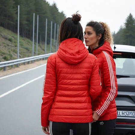 (dark cinematic still, dark vibes) sexy slim skinny two spanish middle aged women ,unique, wearing a hooded red from behind adidas_puffer_jacket, unique hair styles, 8k uhd, dslr, high quality, photorealistic, realism, hyperrealism, ((car scene)),
<lora:adidas_puffer_jacket_v1:1>