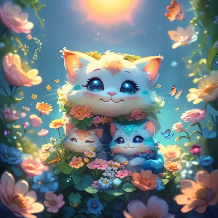 core_9, score_8_up, score_7_up, score_6_up, <lora:ArsMJStyle_-_Cute:1> ArsMJStyle, Cute, Curious kitten exploring a magical garden. Oversized flowers, smiling sun, butterfly friends. Vibrant but soft colors, simple textures, storybook style outlines.