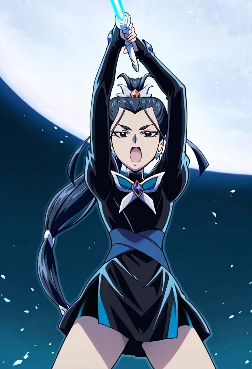 anime screencap, anime art style, yes! precure 5, dark precure 5, dark aqua, precure, 1girl, solo, sword, weapon, moon, energy sword, school uniform, long hair, from below, skirt, full moon, open mouth, black hair, arms up, sword raised, battle stance, energy sword attack, overhead slash, combat ready, glowing energy sword, dramatic lighting, high-speed action, power aura,cel-shaded, action shot, dynamic angle, intense expression
