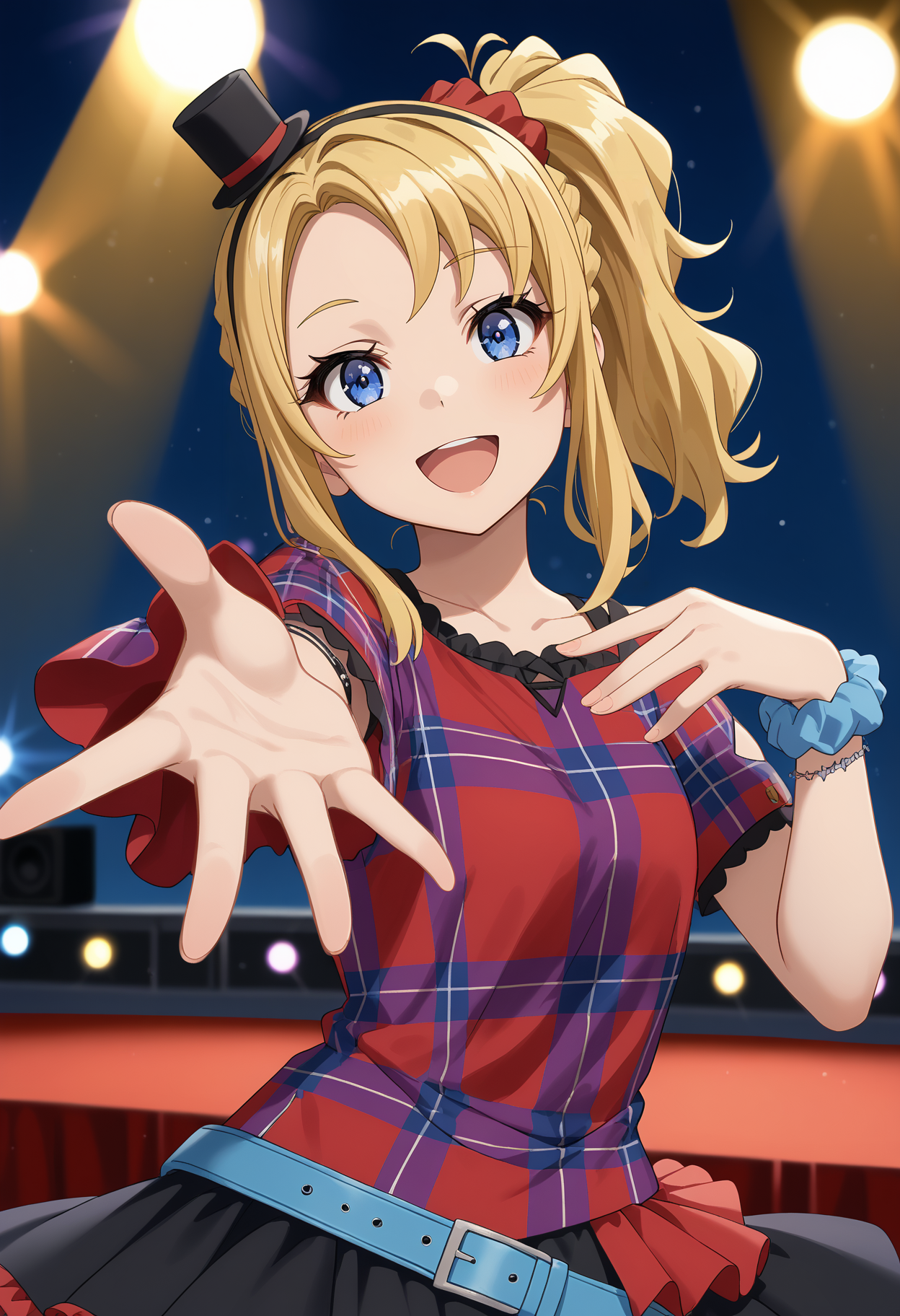 score_9,
<lora:SeishunButaYarou_ToyohamaNodokaXL:0.8>,
1girl, solo, open mouth, light smile, one eye closed,
side ponytail, blonde hair, blue eyes, parted bangs, hair scrunchie, red scrunchie, black hairband, mini hat,
NodokaIdol, plaid shirt, red shirt, purple shirt, blue belt, short sleeves, clothing cutout, bracelet, wrist scrunchie, frilled skirt, layered skirt, black skirt, red skirt, garter straps, black thighhighs,
reaching towards viewer, thigh gap, standing, looking at viewer,
blurry background, stage, stage lights