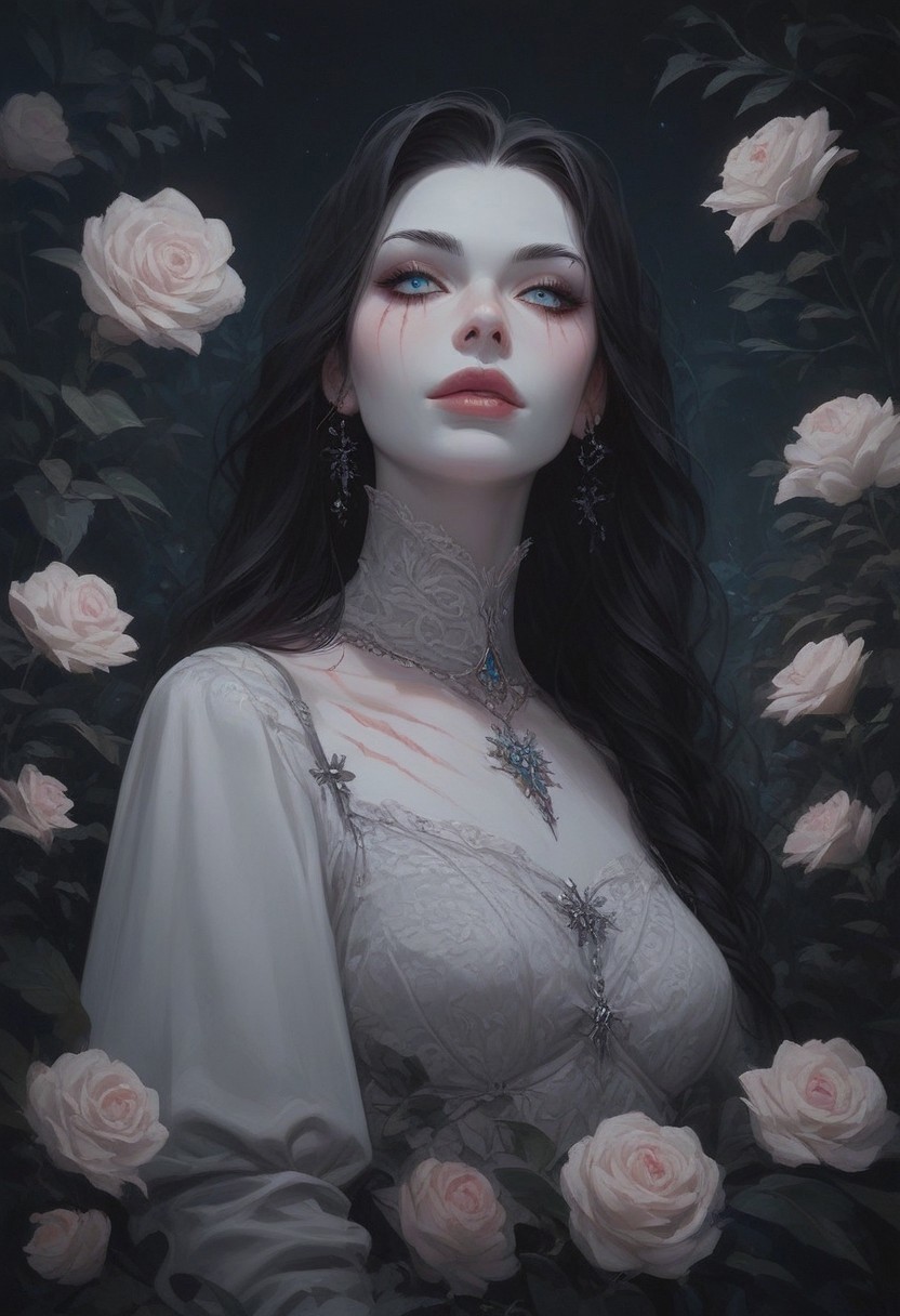 score_9, score_8_up, score_7_up, score_6_up, at night, in a garden, 1woman, charming, Undead, long loose black hair, piercing ice-blue eyes, ghostly pale white skin, surgical scar on the chest, gray prude victorian gown with long sleeves, beautiful, cute, attractive