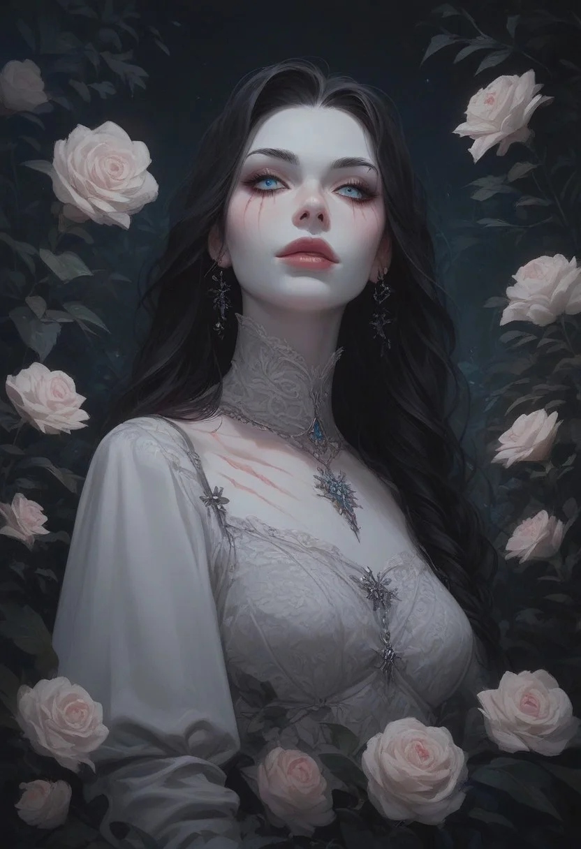 score_9, score_8_up, score_7_up, score_6_up, at night, in a garden, 1woman, charming, Undead, long loose black hair, piercing ice-blue eyes, ghostly pale white skin, surgical scar on the chest, gray prude victorian gown with long sleeves, beautiful, cute, attractive