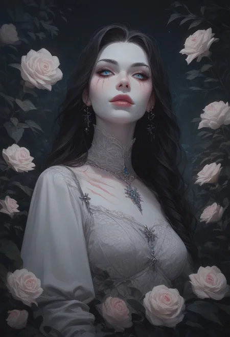 score_9, score_8_up, score_7_up, score_6_up, at night, in a garden, 1woman, charming, Undead, long loose black hair, piercing ice-blue eyes, ghostly pale white skin, surgical scar on the chest, gray prude victorian gown with long sleeves, beautiful, cute, attractive