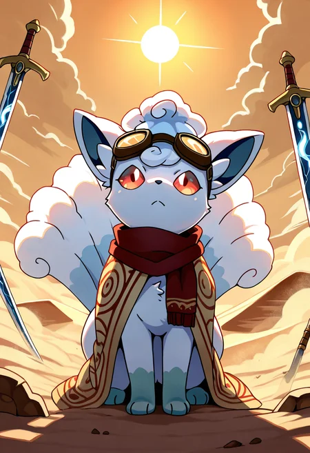 masterpiece, best quality, no humans, zzVulpixA, fluffy, desert, sandstorm, scarf, goggles, travel cloak, cracked earth, twin blades, windswept fur, golden hour, intense stare, heat shimmer, dramatic pose, survival gear â Amidst the swirling sands of a sun-scorched desert, zzVulpix stands firm. Her travel cloak flutters behind her as the wind howls, goggles reflecting the endless dunes. Twin curved blades hang from her sides, her movements cautious yet confident. The sun dips low, casting amber light across the cracked earth, and her red eyes scan the horizon for danger. Sand clings to her fur as she continues her silent journey across the wasteland. ,<lora:VulpixAlolanPokedex_IXL_v1:1.0>,