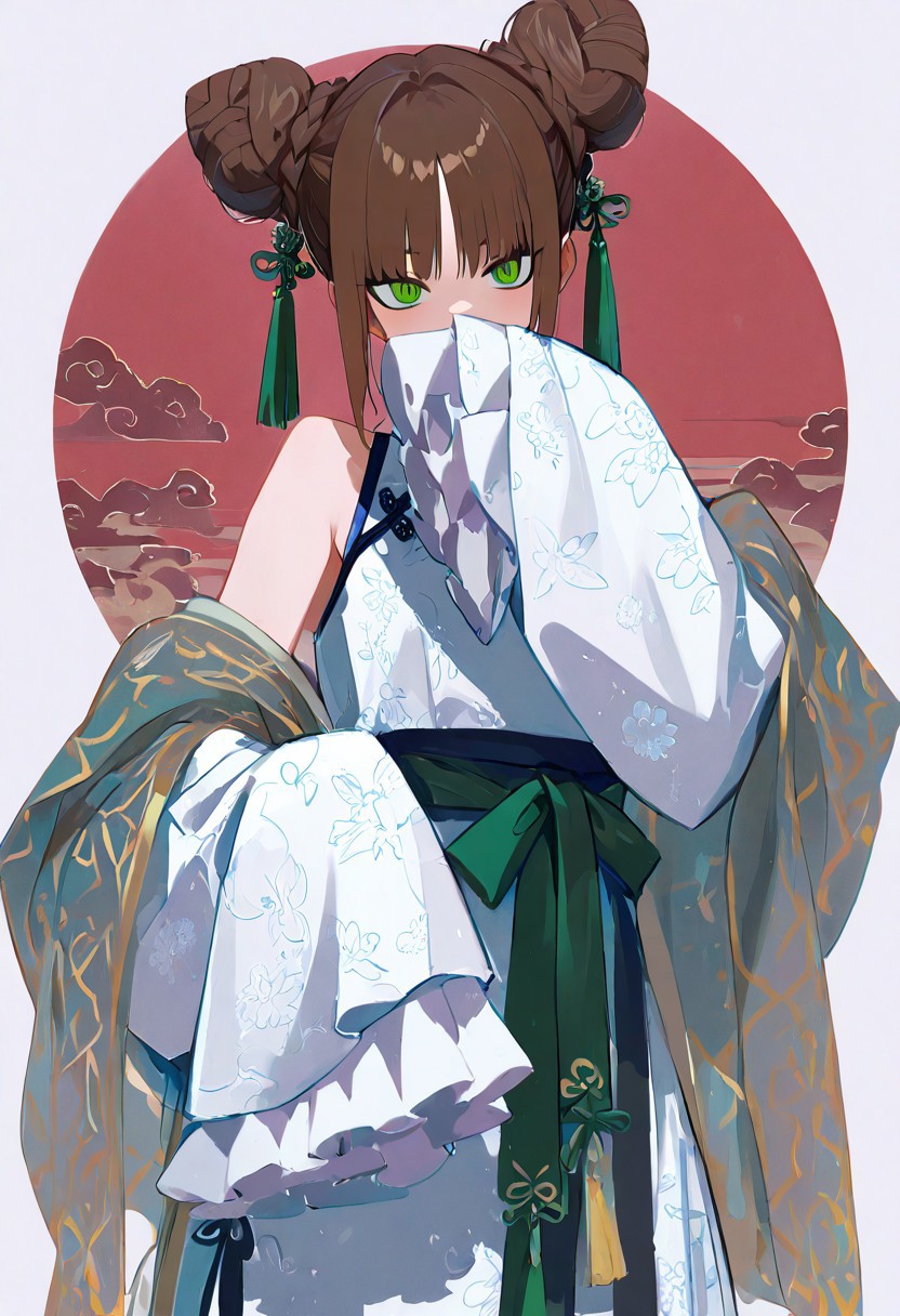 masterpiece, best quality, good quality, very awa, newest, highres, absurdres, 1girl, solo, looking at viewer, brown hair, long sleeves, delicate dress, bare shoulders, standing, green eyes, braid, cowboy shot, frills, wide sleeves, off shoulder, hair bun, sleeves past wrists, sash, double bun, delicate chinese clothes, floral print, frilled sleeves, sleeves past fingers, shawl, covering own mouth, covered mouth, braided bun, patterned clothing <lora:illustriousXL_stabilizer_v1.23:0.3> <lora:NOOB_vp1_detailer_by_volnovik_v1:0.3> <lora:ponyv6_noobE11_2_adamW-000017:0.3> <lora:96YOTTEA-WAI:0.5> <lora:XXX667:0.5> <lora:HaradaTakehitoIXL_v3:0.8>