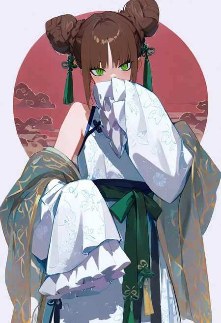 masterpiece, best quality, good quality, very awa, newest, highres, absurdres, 1girl, solo, looking at viewer, brown hair, long sleeves, delicate dress, bare shoulders, standing, green eyes, braid, cowboy shot, frills, wide sleeves, off shoulder, hair bun, sleeves past wrists, sash, double bun, delicate chinese clothes, floral print, frilled sleeves, sleeves past fingers, shawl, covering own mouth, covered mouth, braided bun, patterned clothing <lora:illustriousXL_stabilizer_v1.23:0.3> <lora:NOOB_vp1_detailer_by_volnovik_v1:0.3> <lora:ponyv6_noobE11_2_adamW-000017:0.3> <lora:96YOTTEA-WAI:0.5> <lora:XXX667:0.5> <lora:HaradaTakehitoIXL_v3:0.8>