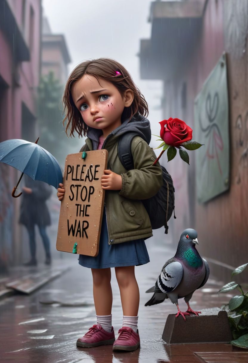 Little Girl, Holding a rose, a pigeon on shoulder, a  board,text, big peace symbol board with text,("Please STOP the war":1.4), outdoors, poor, wall, (wet clothes:1.1),(sad, tears from eyes), (crying:1.5), street, by wall holding board on his paws, (from above), low angle, 8k, ultra detailed, cinematic, rain, close-up