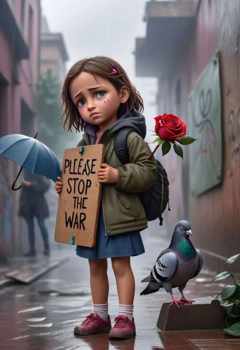 Little Girl, Holding a rose, a pigeon on shoulder, a board,text, big peace symbol board with text,("Please STOP the war":1.4), outdoors, poor, wall, (wet clothes:1.1),(sad, tears from eyes), (crying:1.5), street, by wall holding board on his paws, (from above), low angle, 8k, ultra detailed, cinematic, rain, close-up