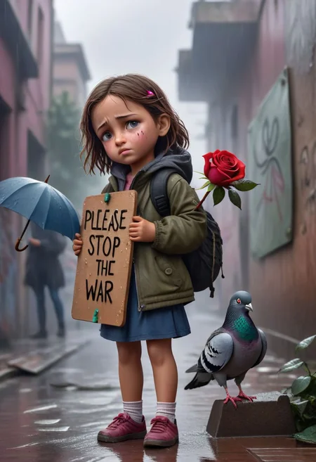 Little Girl, Holding a rose, a pigeon on shoulder, a board,text, big peace symbol board with text,("Please STOP the war":1.4), outdoors, poor, wall, (wet clothes:1.1),(sad, tears from eyes), (crying:1.5), street, by wall holding board on his paws, (from above), low angle, 8k, ultra detailed, cinematic, rain, close-up