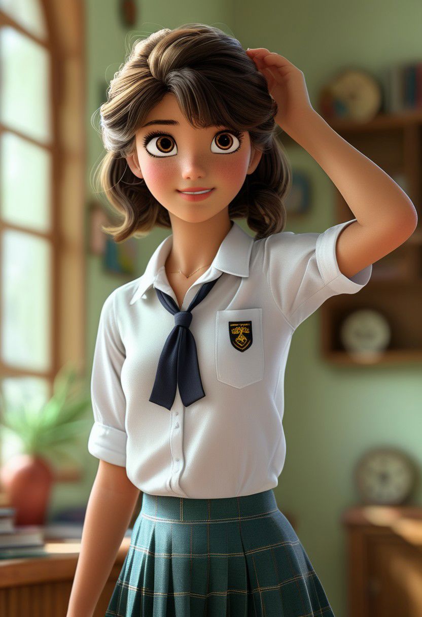 School girl in short skirt and white shirt, looking at viewer, hands behind head