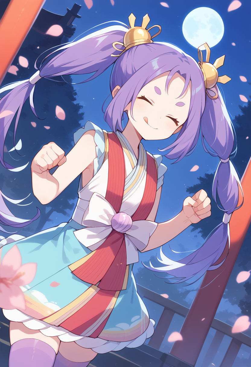 score_9,score_8_up,score_7_up,score_6_up,score_5_up,score_4_up,masterpiece,best quality,(> <:1.1),(:p:1.1),(closed eyes:1.1),1girl,solo,iroha_ppn,purple hair,long hair,twintails,short eyebrows,thick_eyebrows,hair ornament,low-tied long hair,kimono,japanese clothes,sleeveless,multicolored clothes,purple thighhighs,<lora:irohappn:1>,closed mouth,leaning_forward,long_tongue,cat_pose,clenched hand,smile,smirk,cherry blossoms,shrine,night,dynamic_angle,looking_at_viewer,cowboy_shot,moon,