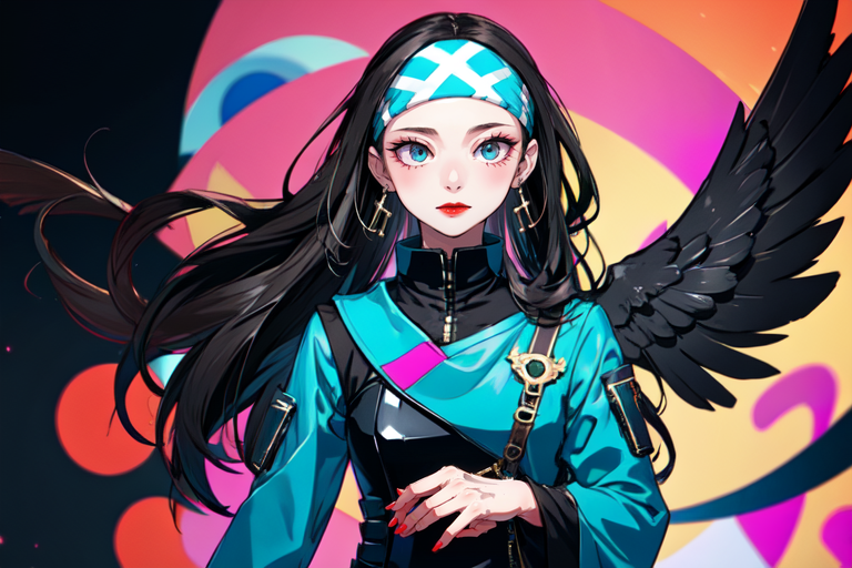 highly insanely detailed, masterpiece, top quality, best quality, highres, 4k, 8k, RAW photo, (very aesthetic, beautiful and aesthetic),  
beth_\(megami_tensei\),bethsmtii,shin megami tensei ii,long hair,black hair,straight hair,sleek black,jewelry,cross,headband,red_lipstick, 
<lora:zs_Beth:0.5>, 
(1girl:1.3), 1other, 
a colorful background,(colored fractal background,color splash background,color bokeh background),âââ