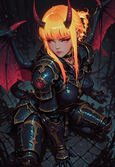 masterpiece, best quality, good quality, very aesthetic, absurdres, newest, 8K, depth of field, focused subject, in the style of cknc, artist:moriimee, in the style of cksc, BREAK stunning Chinese female demon, oni horns, demon wings, demon tail, long bioluminescent glowing hair, bangs, sidelocks, choker, necklaces, earrings, medium perky breasts, dragon-scale armour, greaves, vambraces, battle-ready stance, dynamic pose, dark background, golden hour, directional lighting, viewed from above