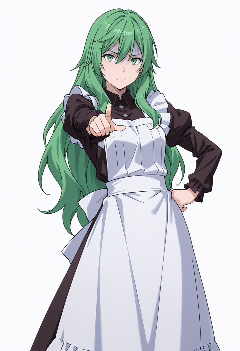 Smooth Quality,masterpiece,very intricate, high quality details, ultra realistic, high detailed skin,detailed enviorement,absurdres,
simple background, white background,
stretching, one arm raised, other on hip, slight side bend, relaxed body,  ,pointing at viewer,pain,turn pale, <lora:Misery_cnn:0.8> 1girl, green hair, green eyes, hair between eyes, frown, very long hair, sidelocks,dress, shirt,maid apron, puffy sleeves, long sleeves, juliet sleeves, enmaided,