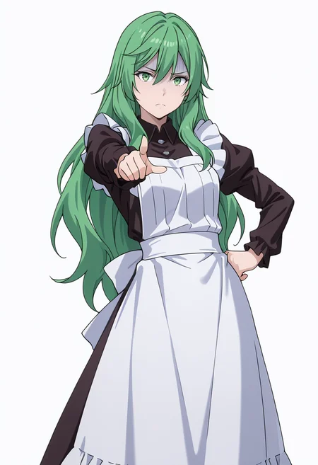 Smooth Quality,masterpiece,very intricate, high quality details, ultra realistic, high detailed skin,detailed enviorement,absurdres,
simple background, white background,
stretching, one arm raised, other on hip, slight side bend, relaxed body,  ,pointing at viewer,pain,turn pale, <lora:Misery_cnn:0.8> 1girl, green hair, green eyes, hair between eyes, frown, very long hair, sidelocks,dress, shirt,maid apron, puffy sleeves, long sleeves, juliet sleeves, enmaided,