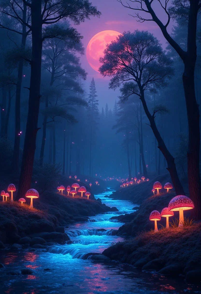 Beneath a sky painted in hues of twilight purple,
A forest of glowing mushrooms stretches eternal.
Fireflies dance, their light not gold but azure,
Whispering secrets in a language obscure.
A river flows backward, defying all reason,
Its surface alive with reflections of seasons.
A lone tree sings, its voice deep and low,
Guiding lost souls with its eerie glow.
Yet beneath this charm, a warning persists:
The fireflies’ glow traps, not gifts, those who resist.
