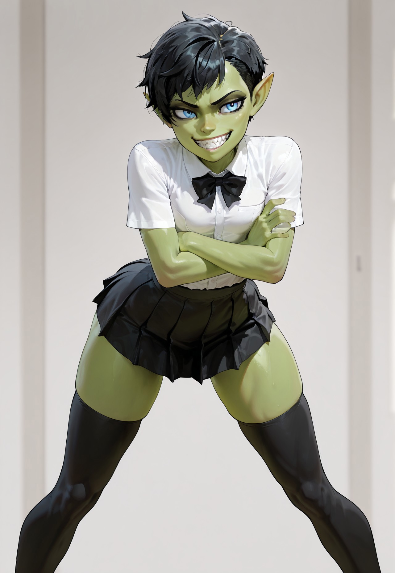 masterpiece, best quality, solo, 1girl, goblin girl, blue eyes, petite, skinny, flat breasts, slim waist, green skin, glancing aside, elf ears, legs apart, very short hair, pixie cut, black hair, sharp teeth, grin, white school shirt, black short school skirt, black thigh-highs, look aside, leaning forward, crossed arms,