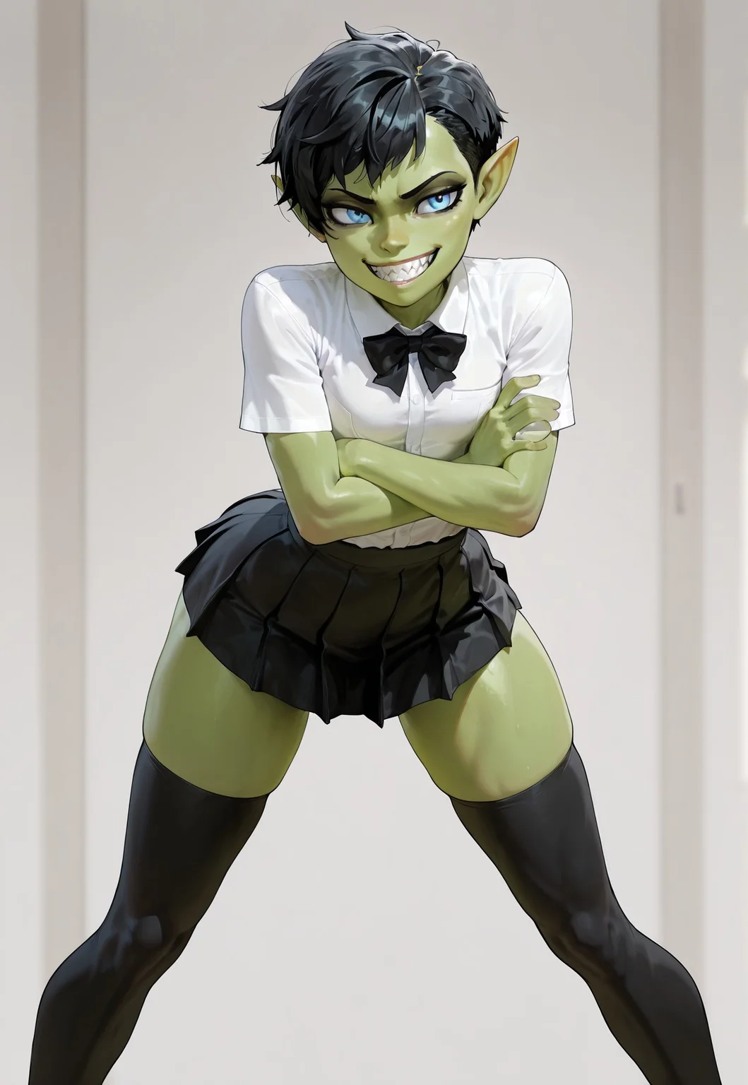 masterpiece, best quality, solo, 1girl, goblin girl, blue eyes, petite, skinny, flat breasts, slim waist, green skin, glancing aside, elf ears, legs apart, very short hair, pixie cut, black hair, sharp teeth, grin, white school shirt, black short school skirt, black thigh-highs, look aside, leaning forward, crossed arms,