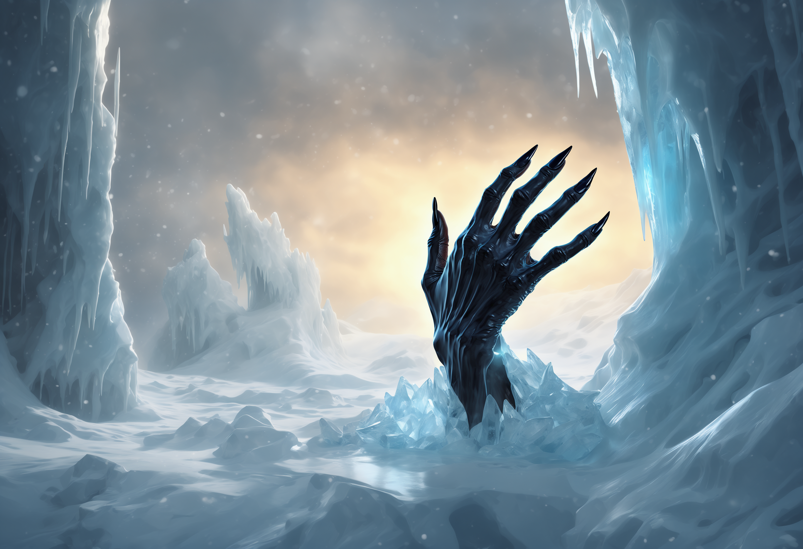 The image depicts a colossal, bony hand emerging from an icy abyss. The hand is deformed and adorned with long, sharp claws. The background is dominated by ice and snow, creating a cold and hostile atmosphere. The hand appears to be breaking through the reflective surface of the ice, hinting at a massive creature lurking beneath.


concept art, digital painting, matte painting, megascans, octane rendering, god rays, ray tracing, lumen, high-resolution

