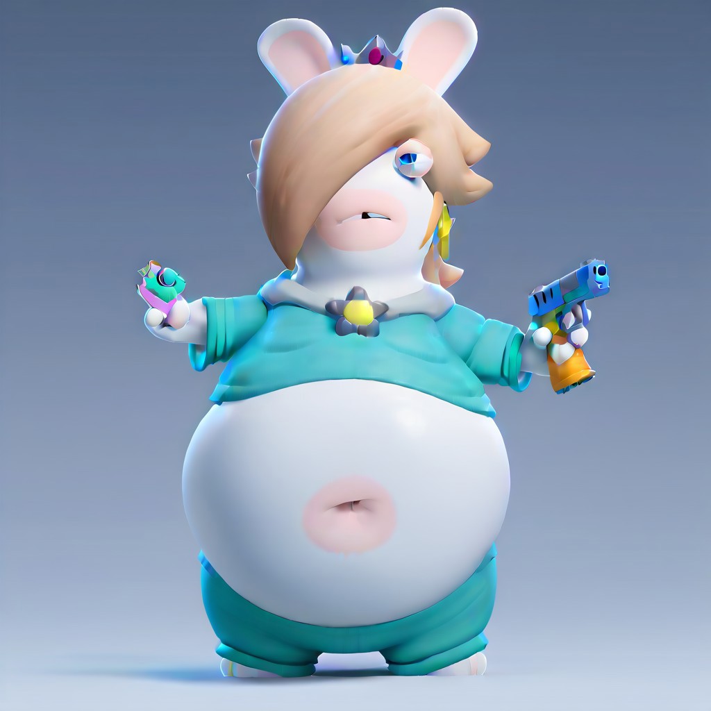 score_9, score_8_up, score_7_up, score_6_up,
LapinsCrétins1024, bang covering eye, rabbit ears, earrings, Blue midriff, pants, Rabbid Rosalina, blue eyes, blonde hair, white rabbit, female anthro, rabbit  ears, ((((((bod inflation)))))), navel, holding gun, white skin, flesh belly