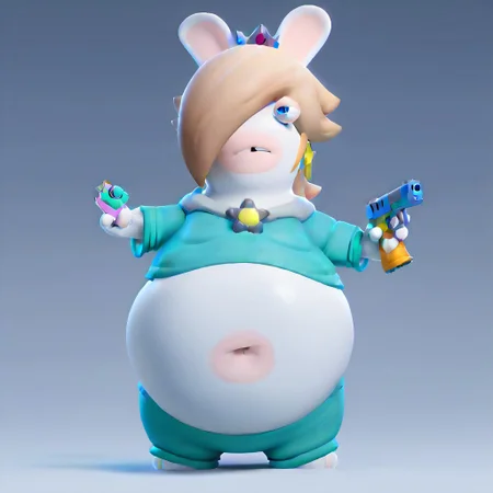 score_9, score_8_up, score_7_up, score_6_up,
LapinsCrétins1024, bang covering eye, rabbit ears, earrings, Blue midriff, pants, Rabbid Rosalina, blue eyes, blonde hair, white rabbit, female anthro, rabbit  ears, ((((((bod inflation)))))), navel, holding gun, white skin, flesh belly