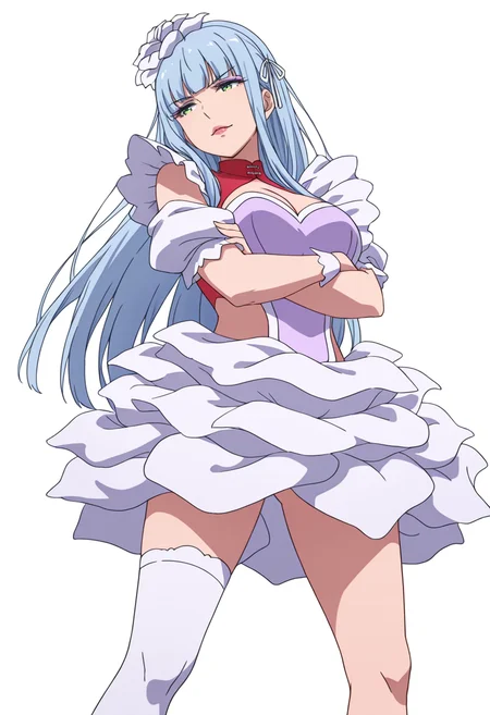 Smooth Quality,masterpiece,very intricate, high quality details, ultra realistic, high detailed skin,detailed enviorement,absurdres,
 <lora:Manami_Supernova_CNR:0.8> manami_cnr, 1girl,blue hair, long hair, blunt bangs, green eyes, makeup, lipstick,white flower,hair flower, hair ornament,dress, white dress,  leotard, skirt,maid headdress, short sleeves, puffy sleeves, single thighhigh, red shoes,white ribbon,clothing cutout, cleavage cutout,, simple background, white background, from below,solo,
standing, arms crossed, head tilt, serious, balanced stance, confident,  ,, ;p,