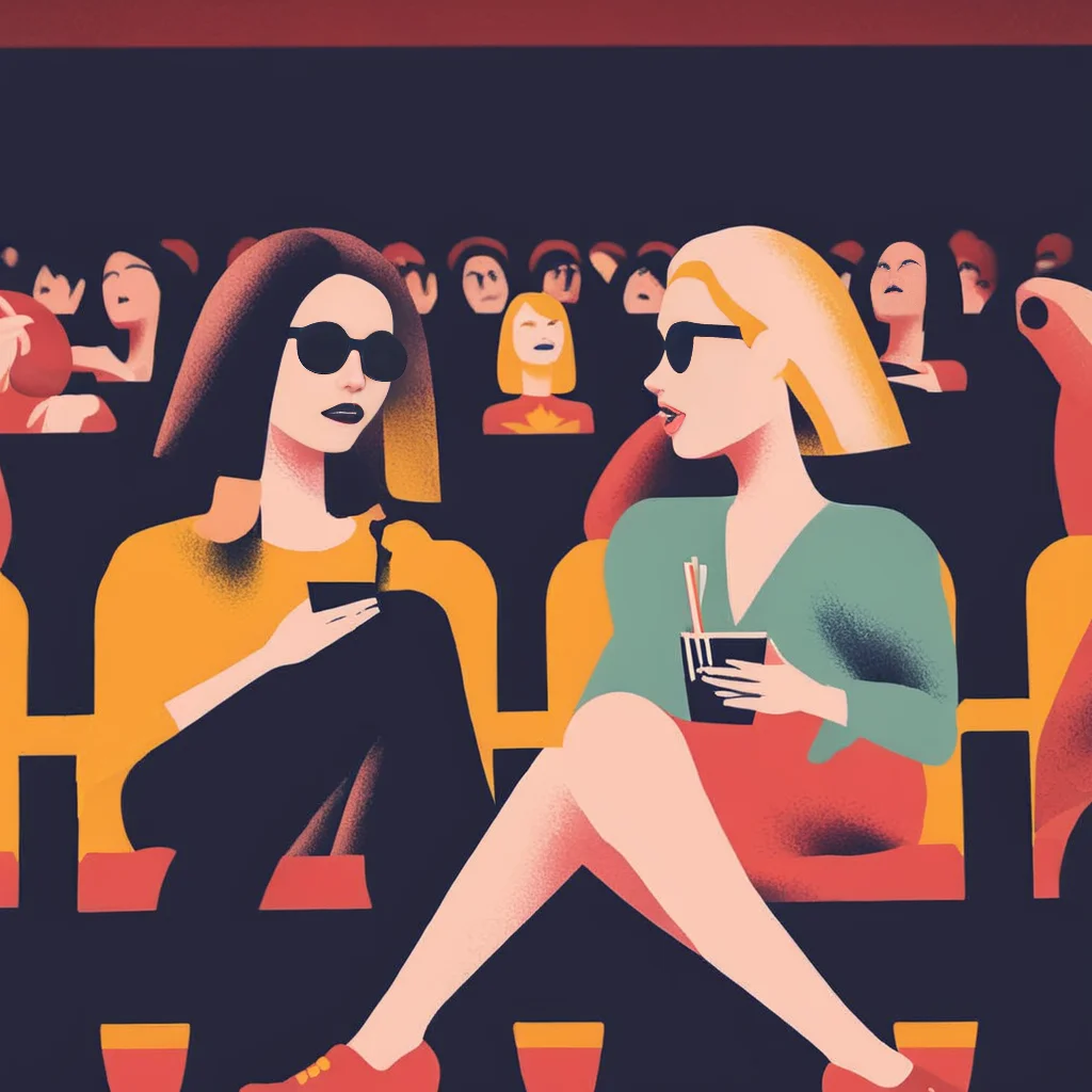 illstyle, illustration style, two women in a cinema watching a film <lora:Illustration_-StyleXL_kk:1>
