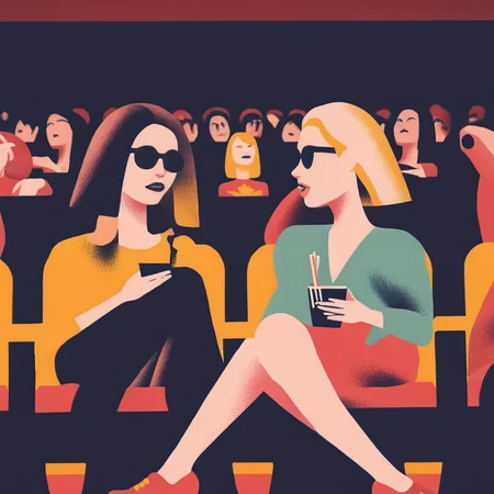 illstyle, illustration style, two women in a cinema watching a film <lora:Illustration_-StyleXL_kk:1>