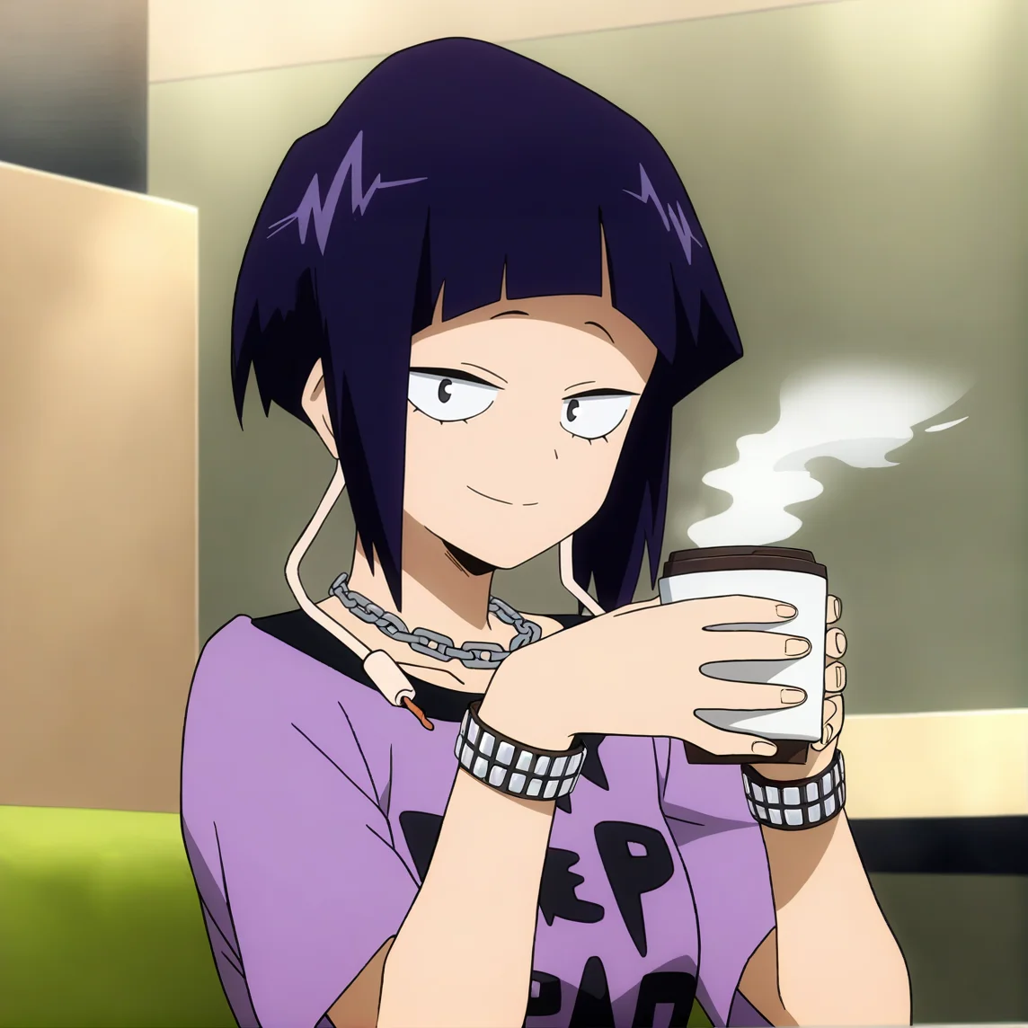 sharp focus, pixiv masterpiece, source_anime, best quality, high res, absurd res, anime_screencap, BREAK
<lora:Kyoka_Jiro_MHA_IL_v49:1> , kyokajiro, 1girl, solo, purple_hair, short_hair, black_eyes, bangs, earlobes, earphone_plugs, chain necklace, rivets_bracelet, purple_t-shirt, upper body, holding coffee cup, steam, looking at viewer, faint smile