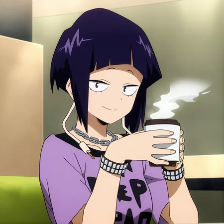 sharp focus, pixiv masterpiece, source_anime, best quality, high res, absurd res, anime_screencap, BREAK
<lora:Kyoka_Jiro_MHA_IL_v49:1> , kyokajiro, 1girl, solo, purple_hair, short_hair, black_eyes, bangs, earlobes, earphone_plugs, chain necklace, rivets_bracelet, purple_t-shirt, upper body, holding coffee cup, steam, looking at viewer, faint smile