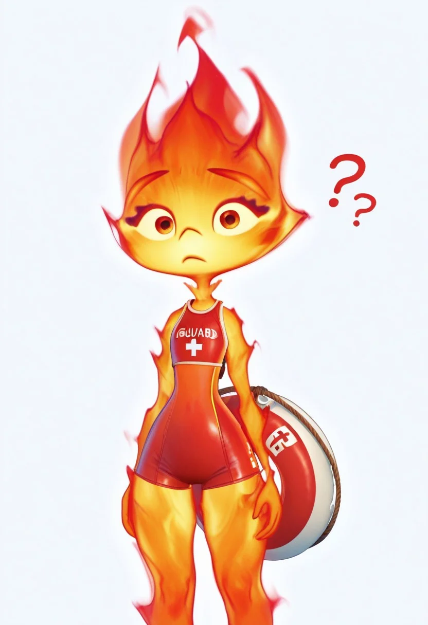 solo, 3mb3r_lum3n, fire, blank background, standing, looking at viewer, lifeguard outfit, confused, question marks, holding buoy