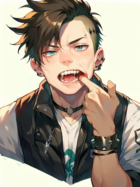 score_9, score_8_up, score_7_up, score_6_up, score_5_up, <lora:mouthpullXLP:1> mouth pull, finger in own mouth, 1boy, punk