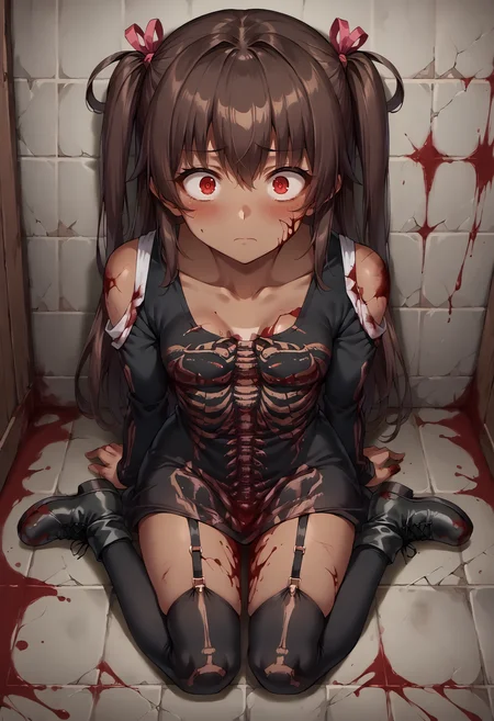score_9, score_8_up, score_7_up, source_anime, 1girl, solo, looking at viewer, defYuki, tan, brown hair, two side up, long hair, hair ribbon, skeleton dress, black dress, long sleeves, shoulder cutout, skin tight, heavenlyhost, wainscoting, horror \(theme\), indoors, hallway, dark, shadow, cracked wall, tiles, night, (blood:1.2), blood on wall, blood on clothes, blood splatter, wariza, from above, w sitting, red eyes, black thighhighs, collarbone, boots, garter straps, hand between legs, dirty, closed mouth, surprised, wide-eyed, blush