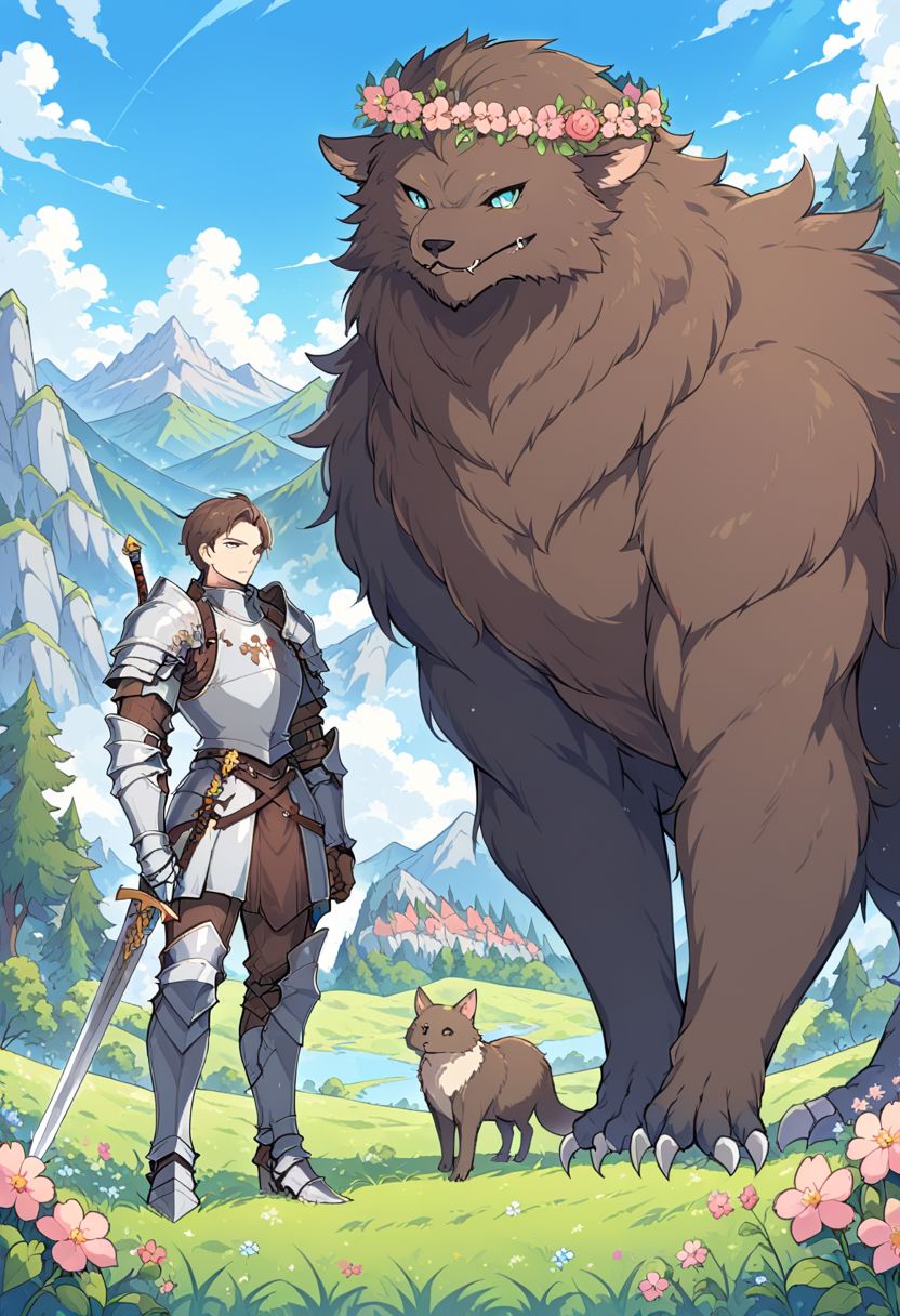 brown hair, 1boy, holding, standing, weapon, flower, male focus, outdoors, sky, day, sword, cloud, holding weapon, armor, tree, blue sky, animal, holding sword, grass, shoulder armor, gauntlets, pink flower, brown gloves, pauldrons, monster, breastplate, mountain, fantasy, armored boots, head wreath, knight, oversized animal