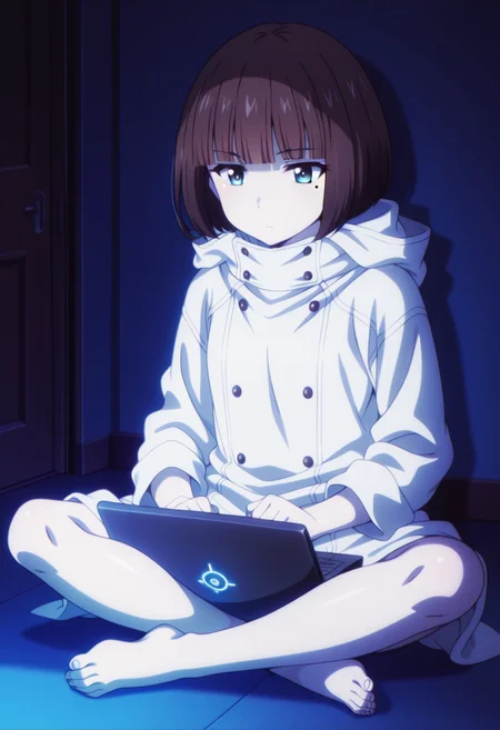 anime screencap, anime coloring, anime colored background, detailed background, detailed face, shiny skin, shiny hair, absurdes, highres, dynamic pose, masterpiece, best quality, official art, cel shaded, graphic illustration, digital painting, CGI, very detailed, amazing quality, intricate details, dynamic pose, HDR, UHD, 8K, Fineline illustration, Highly detailed, ultra-fine painting, sharp focus, Professional, Vivid Colors
BREAK
<lora:Rein_Kashiwagi:1>, Rein Kashiwagi, 1girl, solo, short hair, brown hair, blunt bangs, bob cut, blue eyes, mole under eye, small breast, hood down, white coat, long sleeves, buttons, barefoot, sitting on floor, laptop in lap, legs crossed, feet showing, 5 toes
BREAK
inside, bedroom, lights off, dark room, overhead shot, <lora:add-detail-xl:1> <lora:DetailedEyes_V3:1> <lora:hand 5.5:1>
