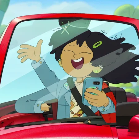 dark-skinned female, driving, waving, marcy, messy hair, open mouth, phone, car, jacket, english text, earrings, black hair, cloud, car interior, smile, closed eyes