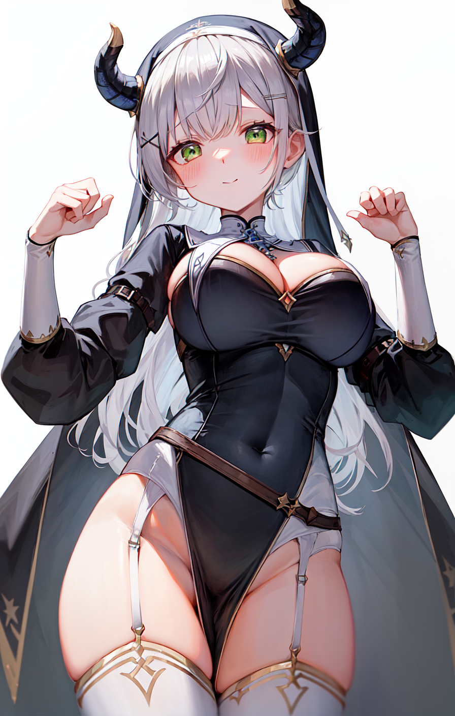 1girl, solo, virtual youtuber, horns, shirogane noel, green eyes, breasts, grey hair, large breasts, thighhighs, white thighhighs, cleavage, long hair, long sleeves, bangs, nun, pelvic curtain, blush, garter straps, braid, dress, official alternate hairstyle, hair ornament, hair between eyes,large_breasts, <lora:shirogane_noel_(7th_costume):0.8>,(white background, simple background,cowboy shot:1.4),