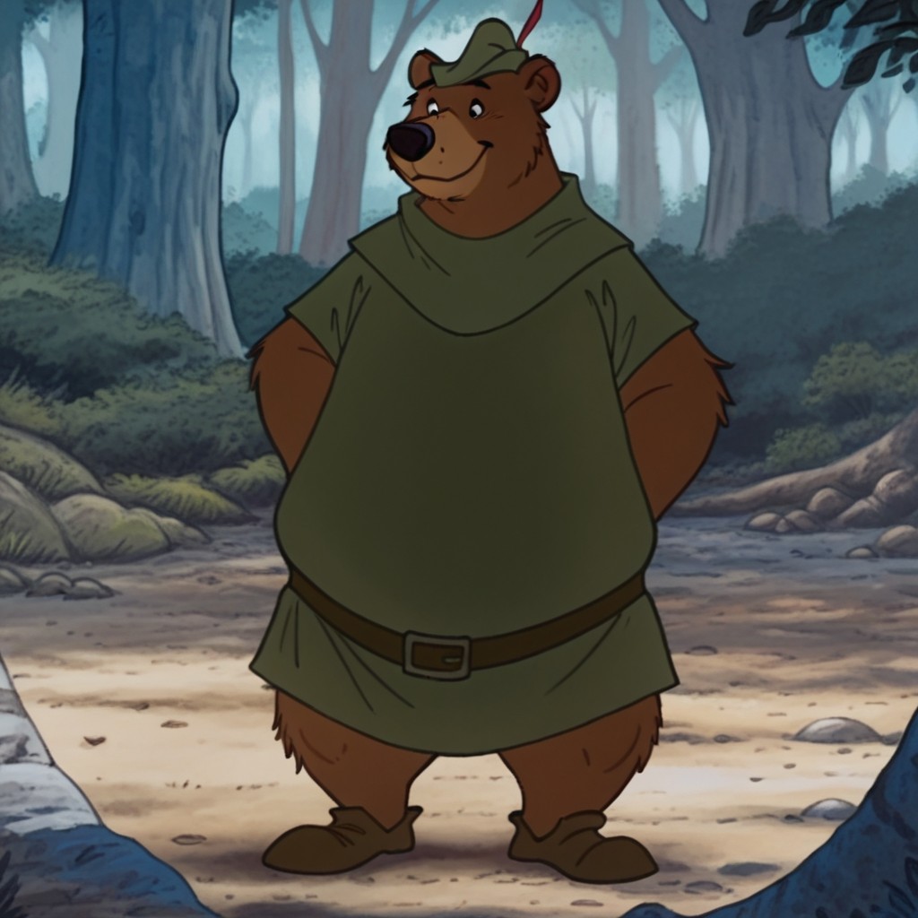 masterpiece, best quality, amazing quality, LittleJohnRH, semi-anthro, male, bear, brown fur, green hat, black eyes, green shirt, brown shoes, brown belt,  standing, in forest, solo, <lora:11ac028b-7ef6-4a1e-9375-6b5053f9332d:1.0>