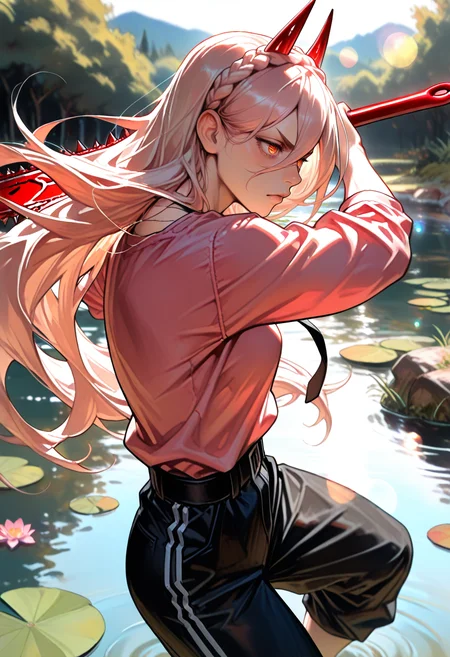(masterpiece:1.35), (very aesthetic, best quality:1.3), tertradic palette, power_\(chainsaw_man\), 1boy, bara, male focus, (slender:1.2), , solo, holding weapon, fighting stance, dynamic pose, pond, romper, white hair, crown braid, Lens Flare,,  <lora:Niji-Like_Nijijourney_Male_Art_Style:0.65> nj_og, nj_bold, nj_gloss, nj_soft, nj_real <lora:Kenorland - Illus x Niji:0.65> Kenorland <lora:bbP1:0.8> <lora:ponyv6_noobE11_2_adamW:0.65>, highly detailed, absurdres,